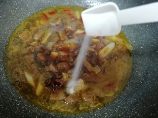 土豆烧牛肉,牛肉炖半个小时以后放盐调味，然后继续小火炖。