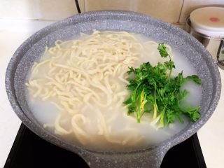 家常红烧牛腩面,煮开后把香菜放入锅里烫1分钟