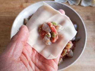 三鲜馄饨,取一张馄饨皮，填上适量的馅。