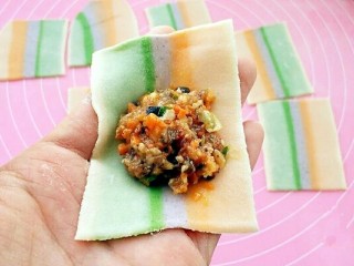 彩虹馄饨（宝宝超爱吃）,取一个馄饨皮，中间放上适量馅料。