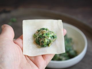 荠菜鸡肉蒸饺,取一张云吞皮，放上适量的鸡肉荠菜馅儿。