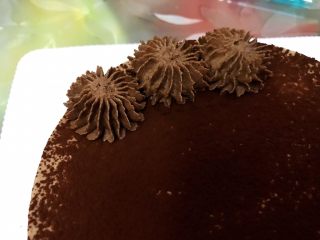 醇厚浓郁的巧克力慕斯蛋糕,取出冷藏好的巧克力奶油加入糖粉打发至硬挺，装入裱花袋里挤出小花
