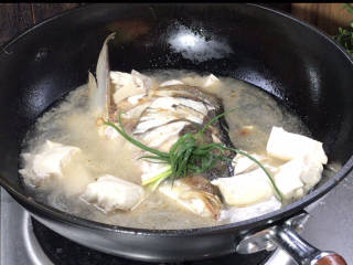 鱼头炖汤,加入适量清水、豆腐、葱结