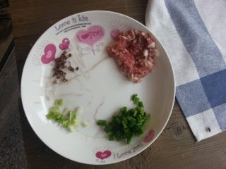 麻婆豆腐,肉末、花椒、青葱都准备好，其中葱白与葱青分离